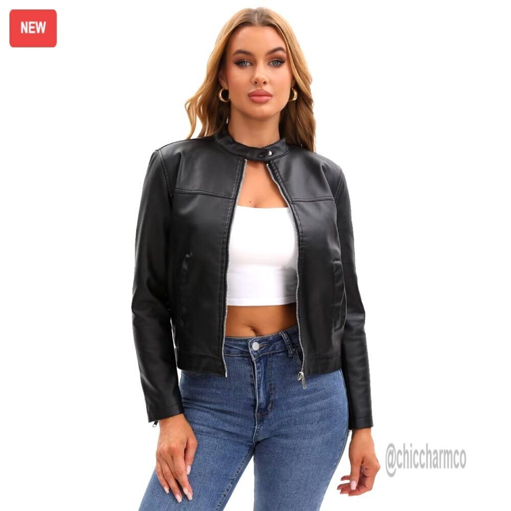 Faux Leather Motorcycle Jacket with Pockets, Zip-Up Biker Style